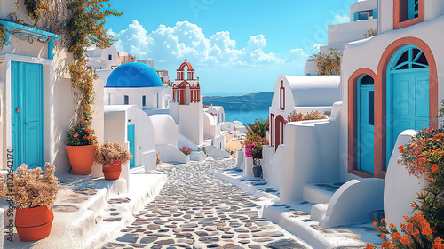 A photo of Santorini, Greece, with white buildings and blue domes overlooking the sea photo