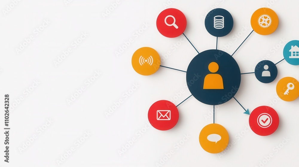 Organization structure and mission, A centralized figure connected to various icons representing communication, information, and technology. Organization structure and mission, A centralized figure connected to various icons representing communication, information, and technology.