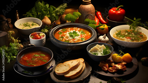 various soups in bowls