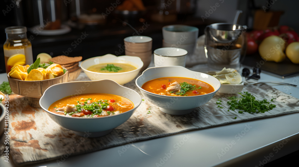 various soups in bowls various soups in bowls