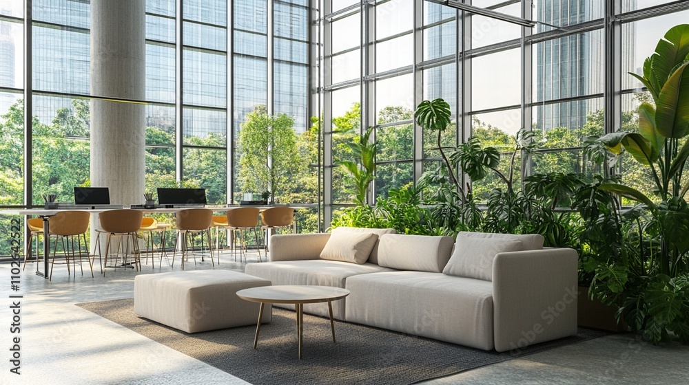 Modern office lounge with floor-to-ceiling windows, lush indoor plants, and comfortable seating area, blending nature with contemporary workspace design.