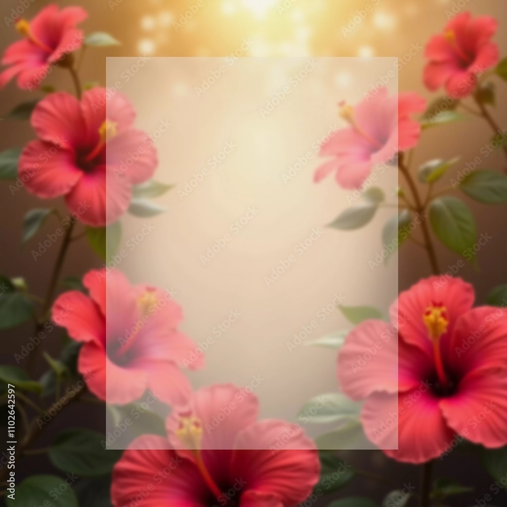 Obraz premium Vibrant hibiscus flowers bloom and soft translucent background for text, enhancing the natural beauty. The soft light adds a peaceful ambiance to the tropical setting. Background for tea packaging. AI