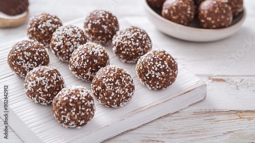 Homemade chocolate energy balls coated with coconut flakes on white wooden board, healthy snack or dessert, vegan protein treats, no-bake recipe. photo