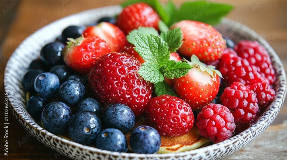 Fresh, vibrant mixed berries in a decorative bowl: plump strawberries, juicy blueberries, and ripe raspberries garnished with mint leaves, a healthy snack. Fresh, vibrant mixed berries in a decorative bowl: plump strawberries, juicy blueberries, and ripe raspberries garnished with mint leaves, a healthy snack.