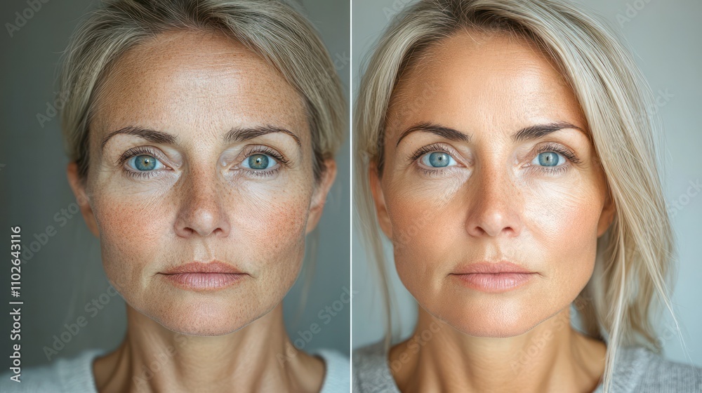 Split image: Extreme before and after of woman's anti-aging facial transformation. Split image: Extreme before and after of woman's anti-aging facial transformation.