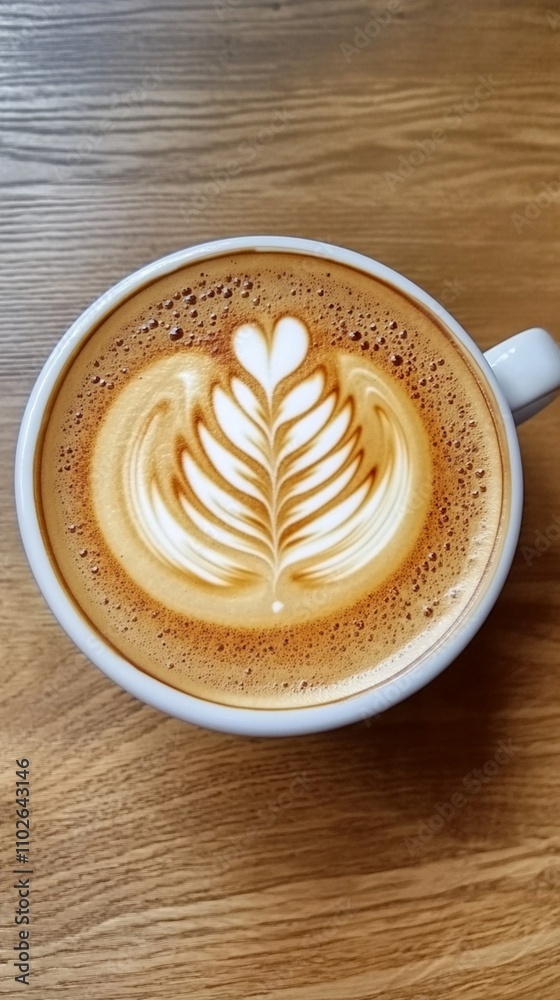 A perfectly crafted latte art showcasing a delicate leaf design in creamy foam atop rich espresso, served in a white ceramic cup on a wooden table. A perfectly crafted latte art showcasing a delicate leaf design in creamy foam atop rich espresso, served in a white ceramic cup on a wooden table.