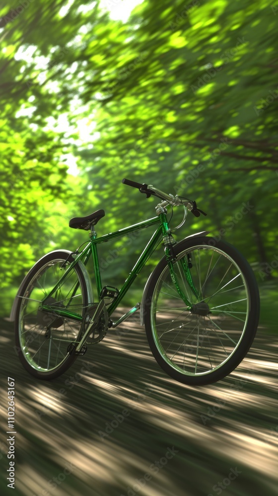 A dynamic scene of a green bike speeding through a sun-dappled forest, capturing a sense of freedom and adventure on a serene nature trail. AI generated. A dynamic scene of a green bike speeding through a sun-dappled forest, capturing a sense of freedom and adventure on a serene nature trail. AI generated.