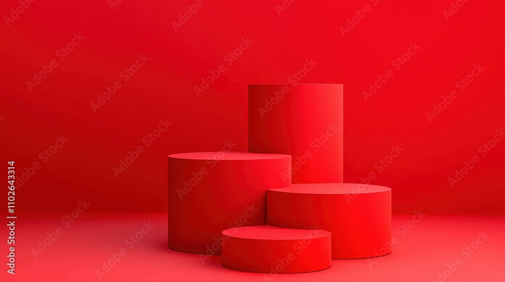Red Cylindrical Display Stands Against Red Background Red Cylindrical Display Stands Against Red Background