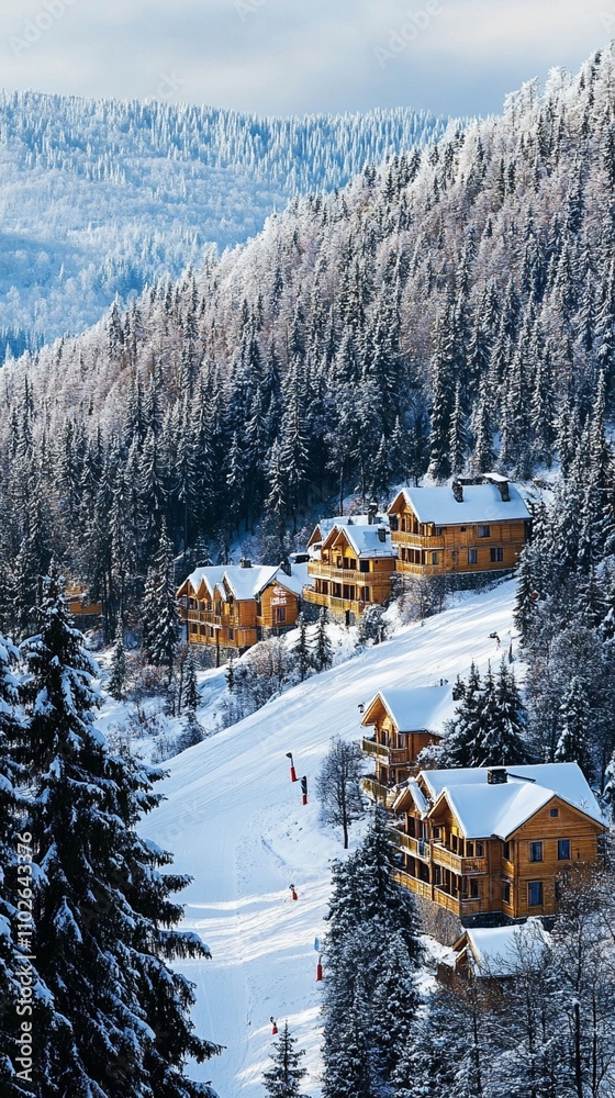 Enchanting winter wonderland: snow-covered chalets nestled among frost-laden pine trees on a mountainside, creating a picturesque alpine village scene at dusk. Enchanting winter wonderland: snow-covered chalets nestled among frost-laden pine trees on a mountainside, creating a picturesque alpine village scene at dusk.