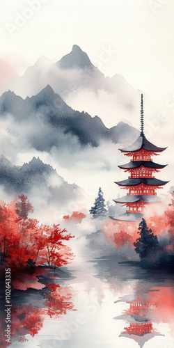 Japanese art style. A serene landscape featuring a traditional pagoda surrounded by misty mountains and vibrant red trees, reflecting in calm waters.