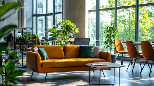 Modern living room with vibrant yellow sofa, lush green plants, and large windows creating a bright, nature-inspired interior design space for relaxation and style.