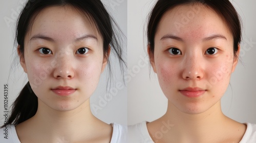 Two side-by-side close-up photos showing the facial skin of a young Asian woman.