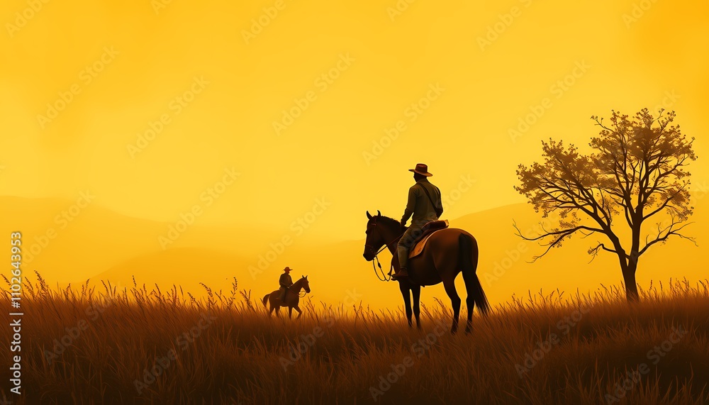 Two cowboys riding horses across a golden field at sunset. Two cowboys riding horses across a golden field at sunset.