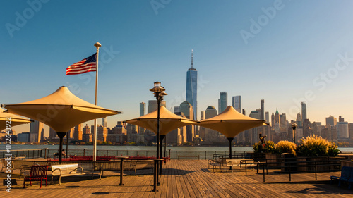 Independence Day USA. USA flag. 4th of July. Flag of United States of America. New York urban city. NYC skyline. Urban landscape. Downtown New York. Urban life in New York. New York.