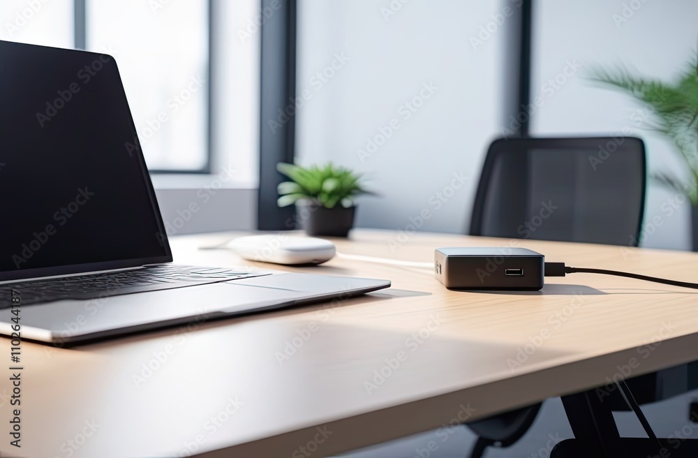 A minimalist office desk setup with a sleek laptop, a wireless mouse, and an external device on a wooden surface, complemented by a small potted plant for a touch of greenery A minimalist office desk setup with a sleek laptop, a wireless mouse, and an external device on a wooden surface, complemented by a small potted plant for a touch of greenery