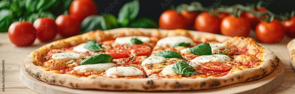 Delicious pizza topped with fresh tomatoes and basil, served with ripe tomatoes. Delicious pizza topped with fresh tomatoes and basil, served with ripe tomatoes.