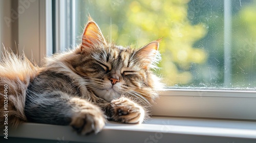 Wallpaper Mural A fluffy cat lounging on a windowsill, soaking up the sun and looking very comfortable. Torontodigital.ca