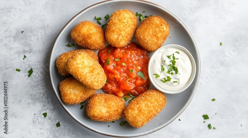 Golden-brown croquettes with tomato sauce and mayo, garnished with parsley, evoke warmth and comfort.