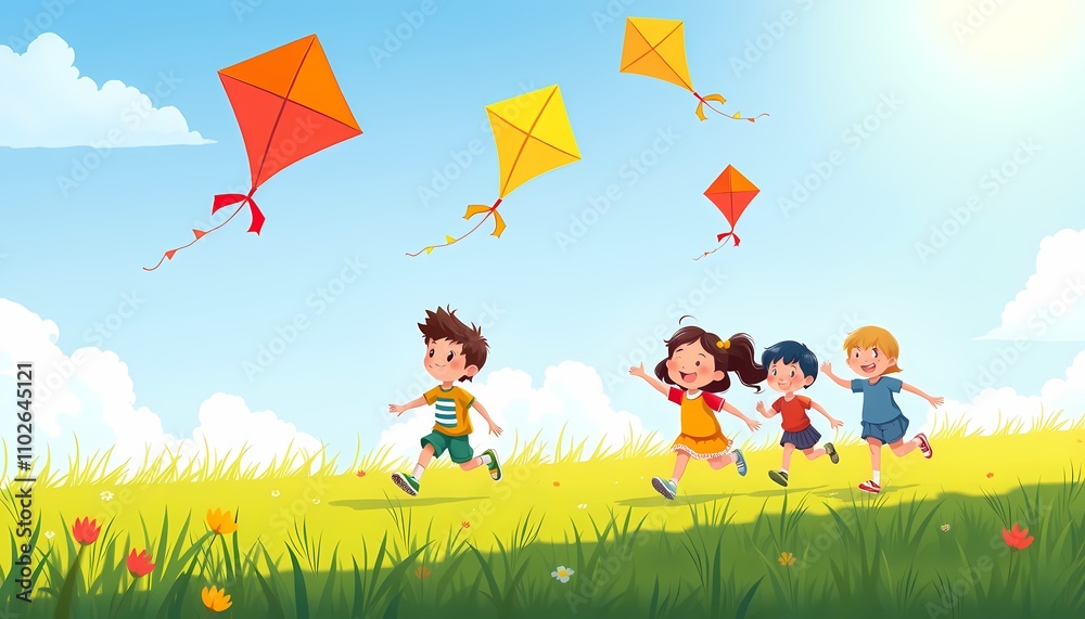 Happy children playing with kites outdoors. Happy children playing with kites outdoors.