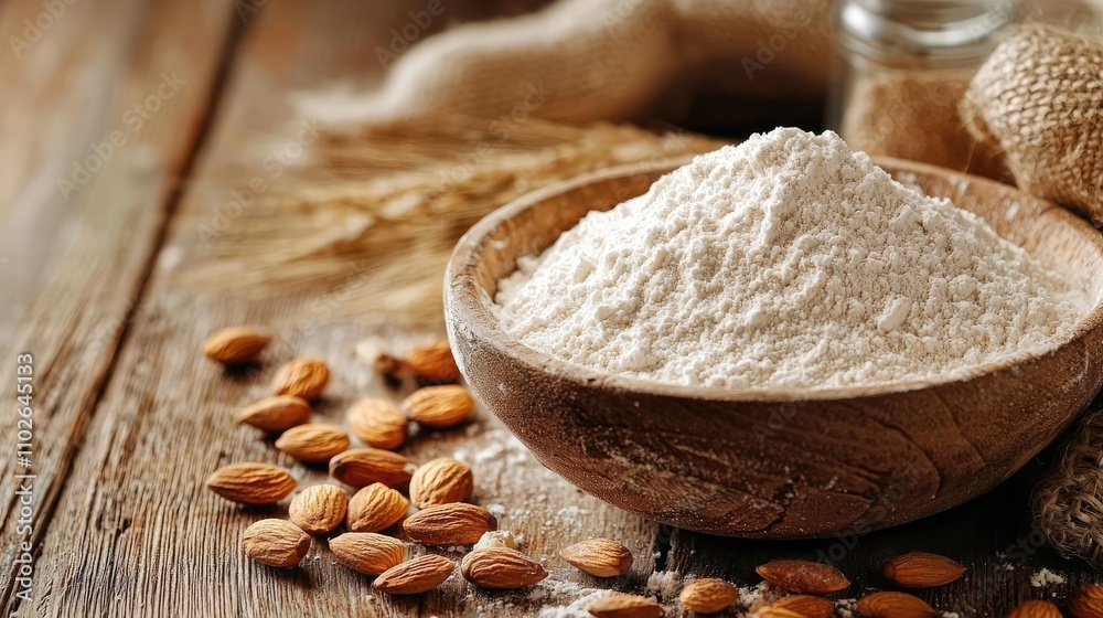 Almond flour in a wooden bowl with almonds on a rustic wooden background. Almond flour in a wooden bowl with almonds on a rustic wooden background.