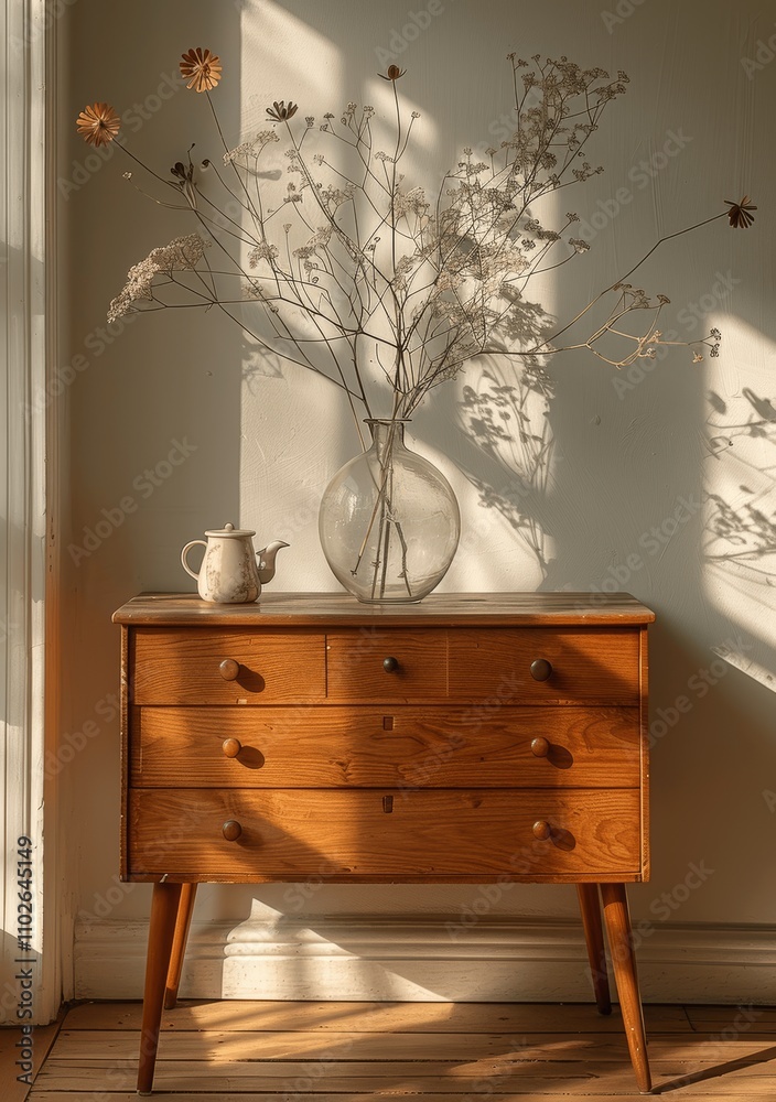 Modern Wooden Sideboard with Plant on Parquet Floor in Cozy Minimalist Room