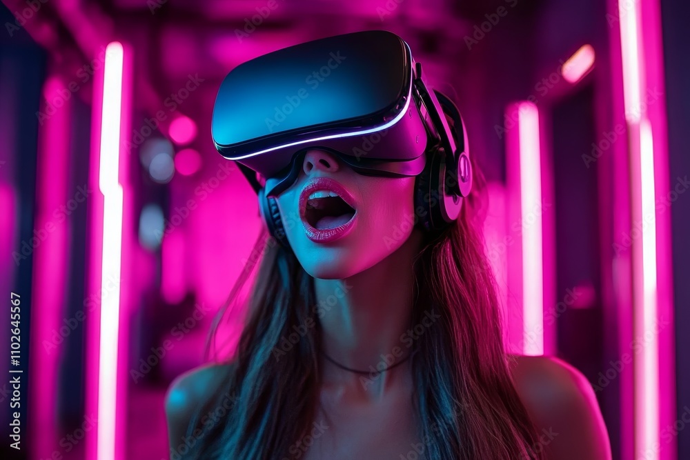 Woman in VR Headset Engaged in Futuristic Gaming and Communication Experience Woman in VR Headset Engaged in Futuristic Gaming and Communication Experience