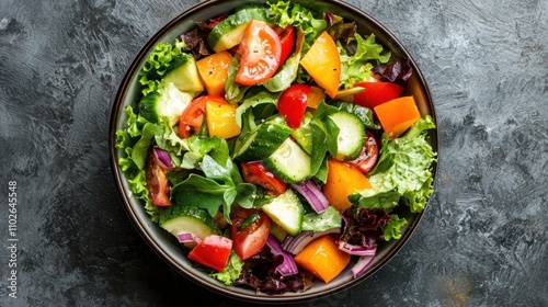 A fresh salad with colorful vegetables and greens, arranged in a bowl, viewed from above