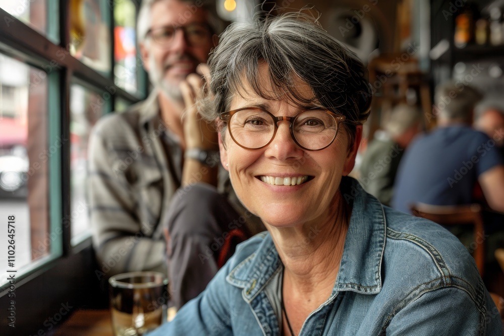 Portrait of smiling senior woman with glasses looking at camera in pub Portrait of smiling senior woman with glasses looking at camera in pub