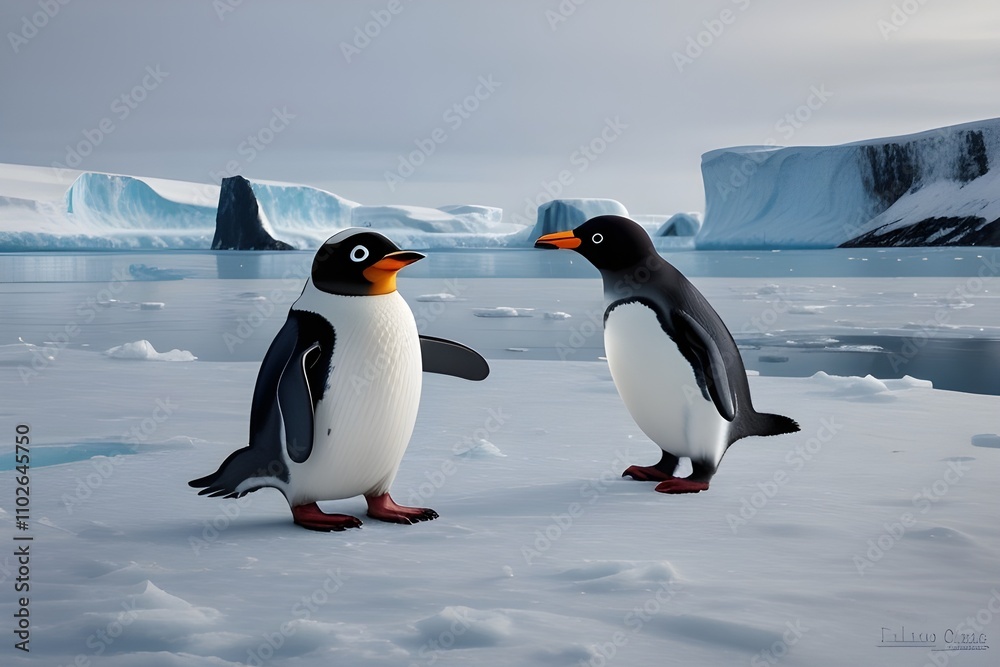 Obraz premium A curious penguin exploring the icy landscapes of Antarctica, waddling through the snow with chubby flippers and inquisitive eyes, discovering new wonders with each step. Generative A