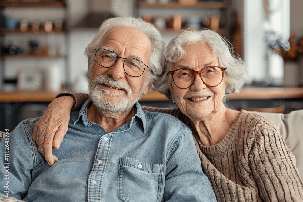 Happy senior couple embracing on sofa in cozy living room, smiling and enjoying togetherness, relaxed elderly grandparents planning future or reminiscing fond memories Happy senior couple embracing on sofa in cozy living room, smiling and enjoying togetherness, relaxed elderly grandparents planning future or reminiscing fond memories