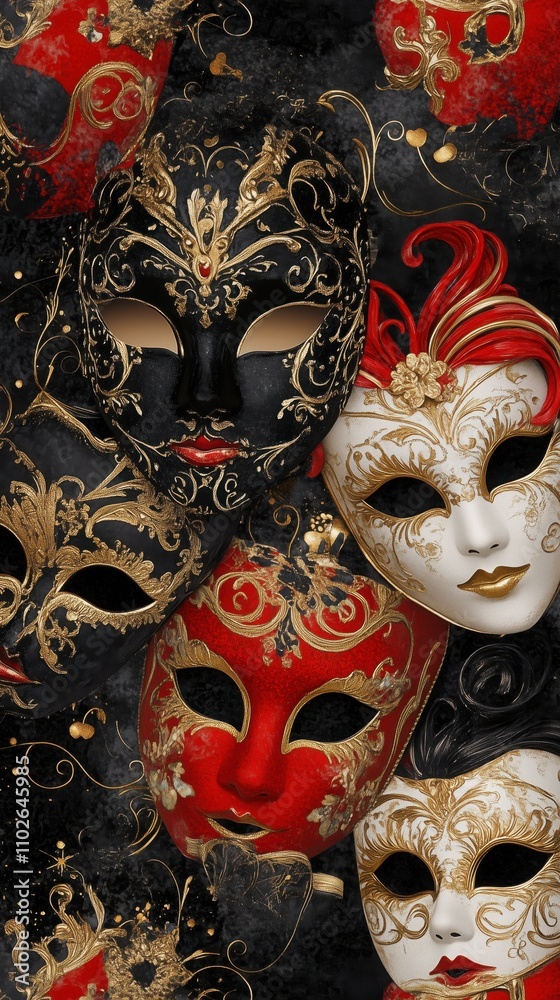 Elegant masks in red, black, and gold with ornate designs, scattered on a velvet background, Carnival inspiration Elegant masks in red, black, and gold with ornate designs, scattered on a velvet background, Carnival inspiration