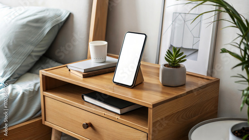 A cozy bedside table featuring a blank phone mockup, plant, and coffee cup for a relaxing atmosphere.