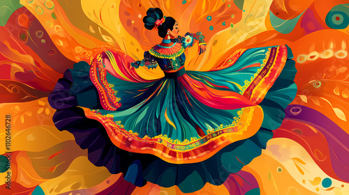 Vibrant illustration of a mexican folk dance (jarabe tapatio) with swirling skirts. Folk. Illustration photo