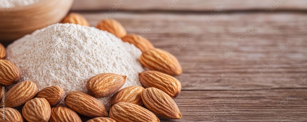 Raw almonds and almond flour on wooden background. Raw almonds and almond flour on wooden background.