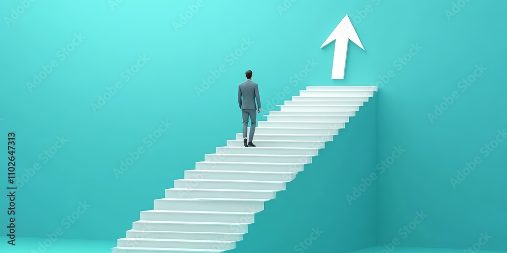 Photorealistic 3D CGI of Businessman Climbing Staircase with Upward Arrow on Teal Background Photorealistic 3D CGI of Businessman Climbing Staircase with Upward Arrow on Teal Background