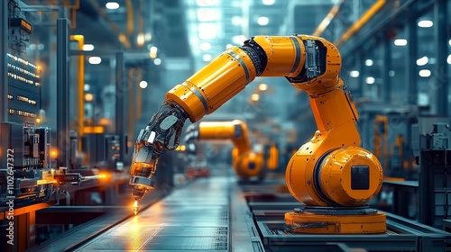 Futuristic Industrial Robot Arm in High-Tech Autonomous Factory Automation