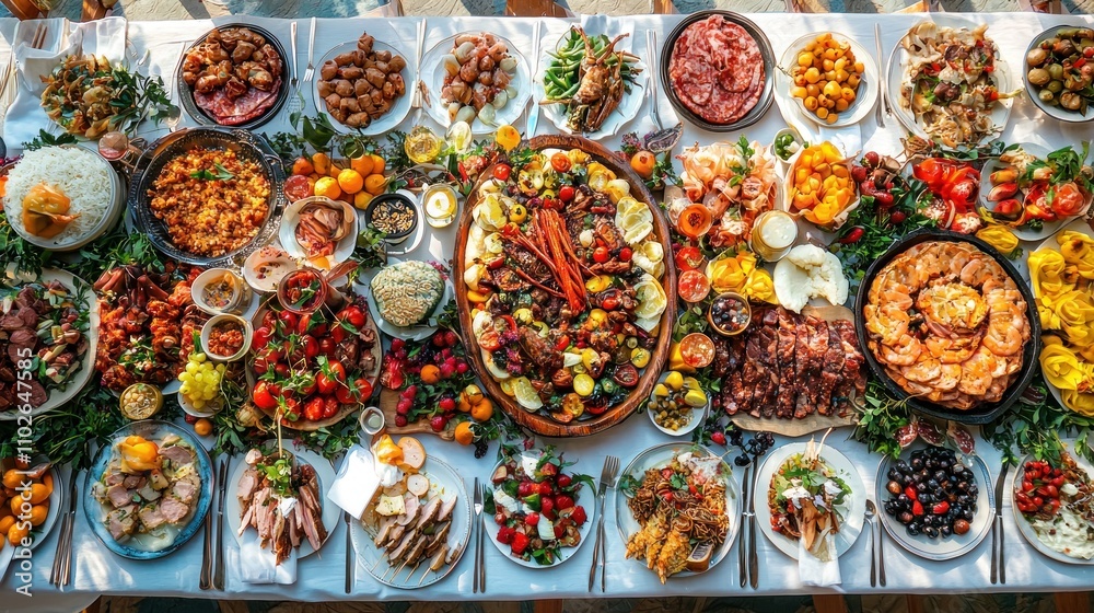 A giant plate of colorful and extravagant food spread out on a table at a festive gathering. A giant plate of colorful and extravagant food spread out on a table at a festive gathering.