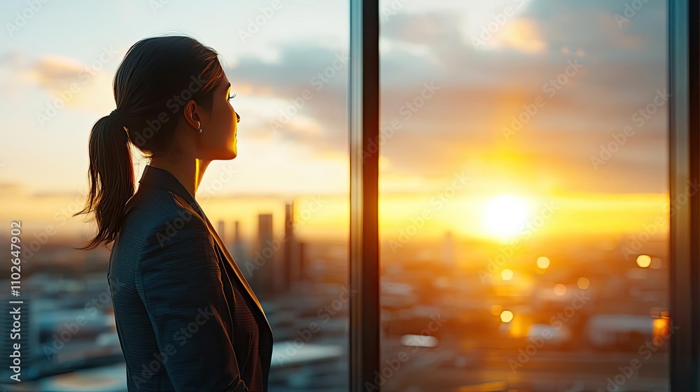 Woman gazing at sunset through office window, city skyline in the background. Woman gazing at sunset through office window, city skyline in the background.