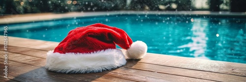 Christmas vacation Santa hat on turquoise pool deck holiday resort banner for winter travel photo