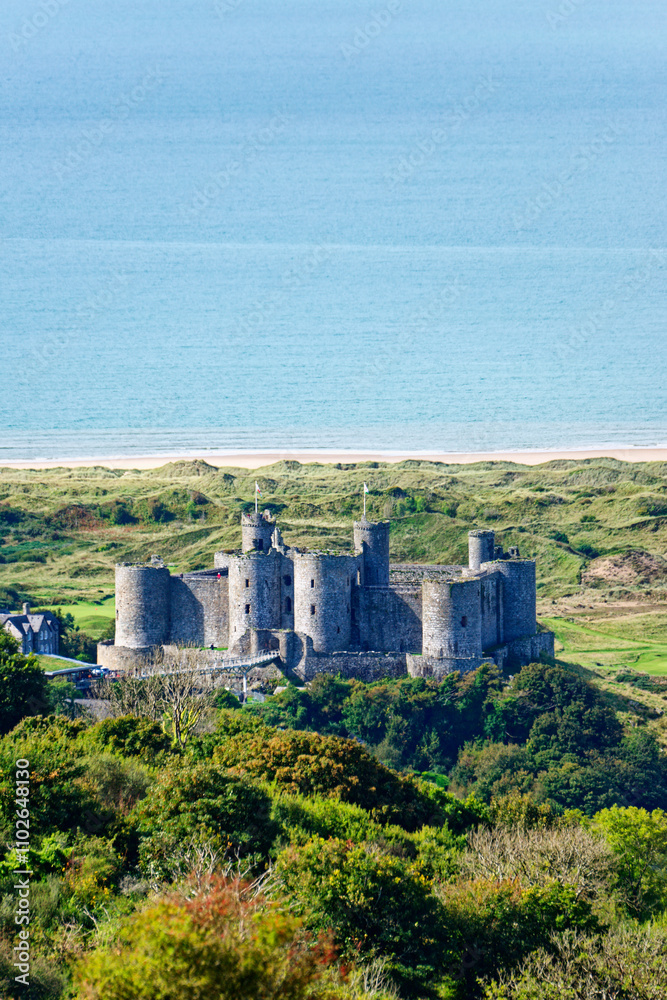 Harlech Castle, Gwynedd, west Wales. Mediaeval fortress built by Edward I in late 13th C. View SW to Ceredigion Bay