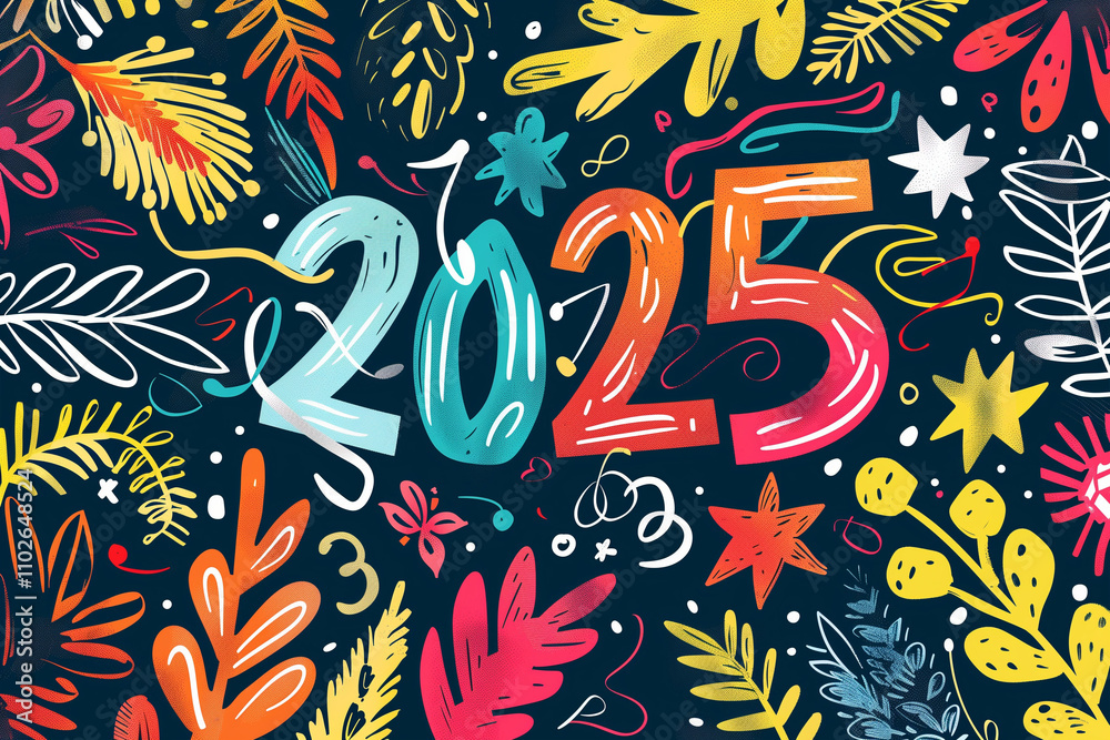 Fototapeta premium Illustration of 2025 in vibrant festive colors celebrating New Year with decorative elements and copy space for text