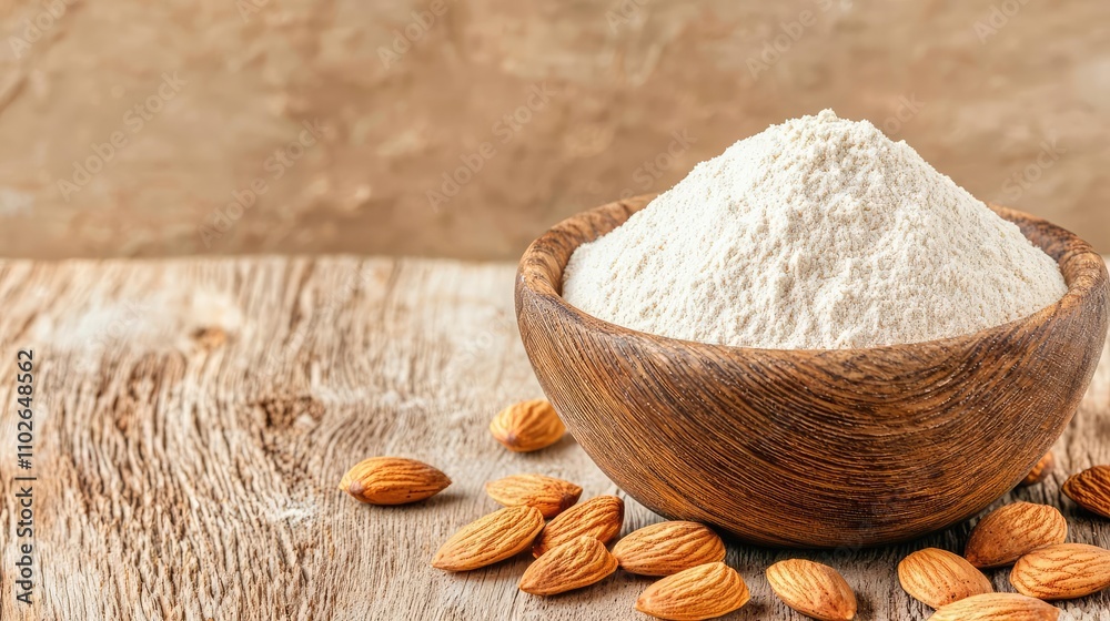Almond flour in a wooden bowl with almonds on a rustic wooden surface. Almond flour in a wooden bowl with almonds on a rustic wooden surface.