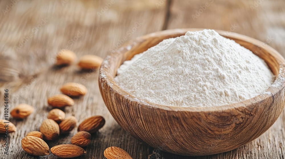 Almond flour in a wooden bowl with almonds on a rustic wooden table. Almond flour in a wooden bowl with almonds on a rustic wooden table.