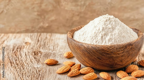 Almond flour in a wooden bowl with almonds on a rustic wooden surface. photo