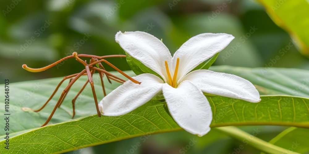 Close-Up of a Beautiful Tahitian Gardenia Blossom on a Leaf with Natural Green Background Close-Up of a Beautiful Tahitian Gardenia Blossom on a Leaf with Natural Green Background