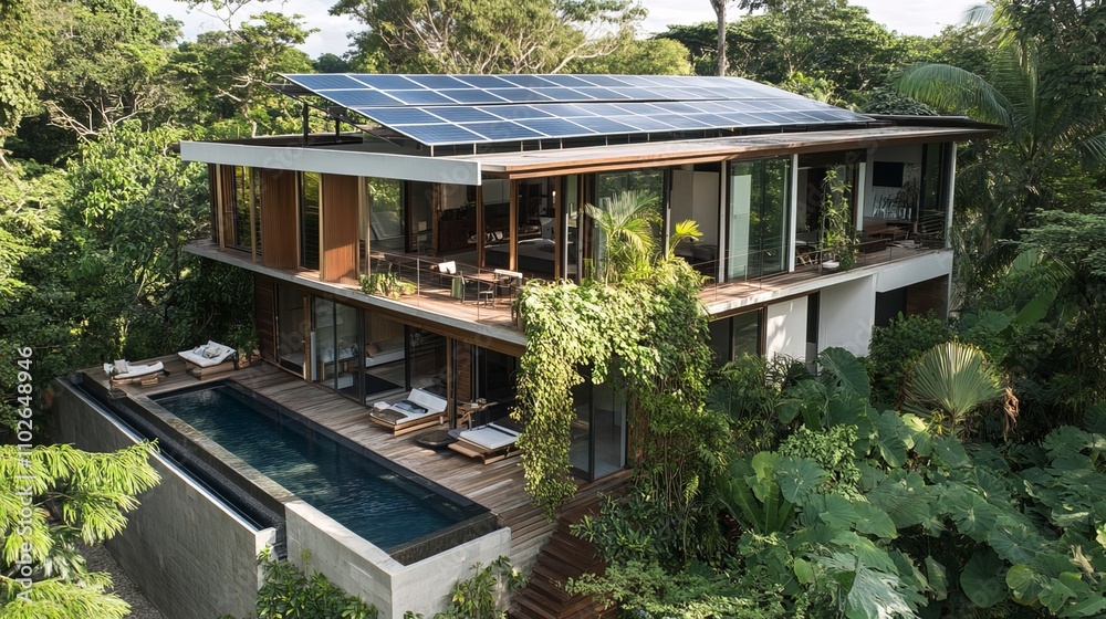 A modern eco-friendly house with solar panels on the roof, surrounded by lush greenery, exemplifying sustainable living and energy efficiency in architecture. A modern eco-friendly house with solar panels on the roof, surrounded by lush greenery, exemplifying sustainable living and energy efficiency in architecture.