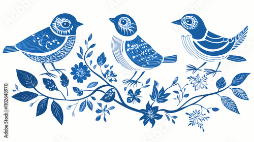 Pretty simple blue and white folk art birds,vector. Folk. Illustration photo