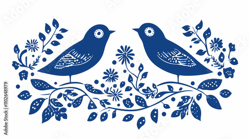 Pretty simple blue and white folk art birds,vector. Folk. Illustration photo