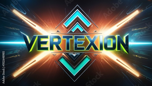 Futuristic energy text logo design with vibrant light streaks and geometric shapes. photo