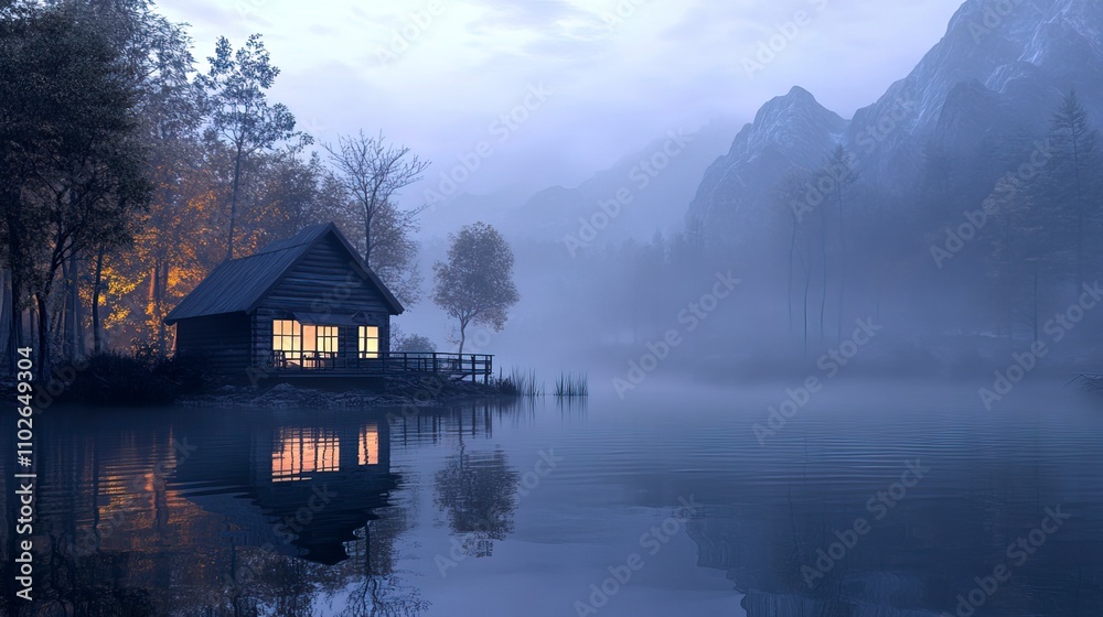 Fototapeta premium Illuminated Wooden house in the forest on a calm reflecting lake with the foggy mountains in the background at dusk 